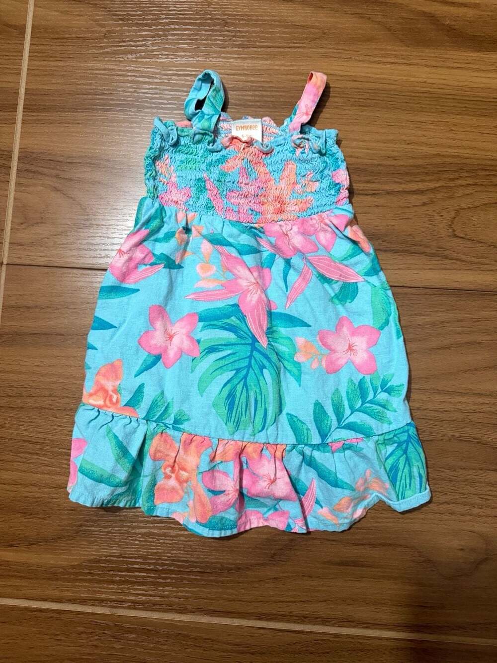 Gymboree Tropical Smocked Ruffle Dress Size 6-9M Blue Floral